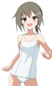 1girl absurdres bare_shoulders blush breasts brown_eyes brown_hair collarbone cowboy_shot flower gluteal_fold hair_flower hair_ornament hairclip highres looking_at_viewer minowa_gin old_school_swimsuit one-piece_swimsuit open_mouth ponytail school_swimsuit short_hair simple_background small_breasts smile solo swimsuit teeth tsukumo_charu upper_teeth_only washio_sumi_wa_yuusha_de_aru white_background white_one-piece_swimsuit yuusha_de_aru