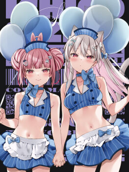 2girls animal_ear_fluff animal_ears apron balloon bare_arms bare_shoulders black_background blue_bow blue_choker blue_hat blue_shirt blue_skirt bow breasts cat_ears cat_girl cat_tail choker closed_mouth commentary crop_top double_bun frilled_apron frills grey_hair hair_bun half-closed_eyes hat highres holding holding_balloon holding_hands indie_virtual_youtuber long_hair looking_at_viewer medium_breasts midriff multicolored_hair multiple_girls natsume_eri natsume_eri_(vtuber) navel nurse_cap pink_hair qr_code rabbit_ears red_eyes red_hair shirt short_eyebrows signature skirt smile streaked_hair striped_clothes striped_shirt striped_skirt tail text_background thick_eyebrows tomari_mari two-tone_hair vertical-striped_clothes vertical-striped_shirt vertical-striped_skirt virtual_youtuber waist_apron white_apron