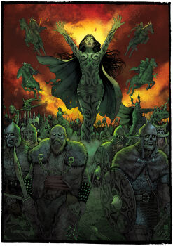 Rule 34 | 1girl, 6+boys, absurdres, arm tattoo, armor, asymmetrical dual wielding, axe, beard, black hair, breasts, cape, chainmail, chest tattoo, club (weapon), disfigured, dual wielding, facial hair, fake horns, flying, fur trim, green eyes, helmet, highres, holding, holding axe, holding club, holding polearm, holding shield, holding sword, holding weapon, horned helmet, horns, horse, horseback riding, leg tattoo, long beard, long hair, missing nose, multiple boys, necromancer, original, polearm, riding, severed head, shield, shoulder tattoo, skull, spear, sword, tattoo, undead, weapon, winged helmet