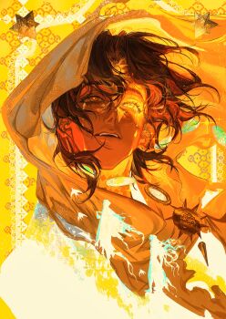 1boy absurdres arzu_(sultan&#039;s_game) baicumikuo bird blending brown_eyes brown_hair chinese_commentary cloak colored_tears commentary_request curtained_hair dark-skinned_male dark_skin earrings facial_mark forehead_mark highres hood hood_up hooded_cloak jewelry multiple_views parted_bangs parted_lips patterned_background short_hair silhouette solo stellated_octahedron sultan&#039;s_game sun_symbol sunlight swallow_(bird) tears teeth the_sultan_(sultan&#039;s_game) upper_body upper_teeth_only yellow_background yellow_cloak yellow_eyes