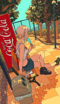 1girl arm_support blue_sky breasts bush cellphone chain-link_fence coca-cola commentary_request crop_top dappled_sunlight denim denim_shorts dutch_angle earrings eating facing_away fence figure_four_sitting floating_earrings flower_earrings food from_side grey_hair hand_up highres holding holding_food holding_popsicle idolmaster idolmaster_cinderella_girls jewelry lamppost large_breasts multiple_rings namiko817 on_bench outdoors outstretched_leg park path phone popsicle purple_nails ribbed_tank_top ring road shade shiomi_syuko short_hair short_shorts shorts sidelocks sitting sky smartphone solo sunlight tank_top trash_can tree vending_machine white_tank_top