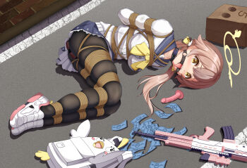 1girl absurdres anal anal_object_insertion arms_behind_back assault_rifle bdsm black_pantyhose blue_archive blush bondage bound bound_arms bound_breasts bound_legs bound_torso breast_bondage breasts bullpup collar collarbone dildo dildo_gag dildo_harness double_penetration drooling female_focus forced_orgasm frilled_skirt frills gag gagged gun halo hifumi_(blue_archive) highres l85 long_hair lying medium_breasts money neckerchief object_insertion on_side open_mouth outdoors pantyhose pink_hair pleated_skirt pussy_juice pussy_juice_trail restrained rifle ring_gag sailor sailor_collar saliva saliva_trail school_uniform serafuku sex_toy shibari shibari_over_clothes shoes side_ponytail skindentation skirt sneakers solo tongue tongue_out vaginal vaginal_object_insertion very_long_hair wanliu weapon weapon_request yellow_eyes yellow_neckerchief