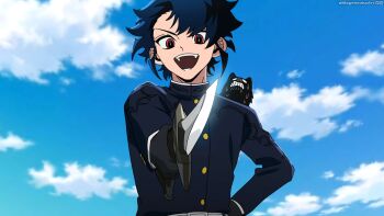 1boy absurdres black_hair blue_sky cloud cloudy_sky commentary day english_commentary gloves highres holding holding_knife ichi_(madan_no_ichi) king_uroro knife long_sleeves looking_at_viewer madan_no_ichi magimeoka majik_(madan_no_ichi) open_mouth outdoors shirt short_hair sky smile sweatdrop weapon witch