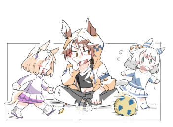 3girls :d aged_down animal_ears ball beer_hsk blonde_hair blue_shirt brown_eyes brown_hair brown_jacket brown_shoes chibi commentary_request crop_top dicta_striker_(umamusume) ears_through_headwear flying_sweatdrops grey_eyes grey_hair grey_pants hair_between_eyes hishi_miracle_(umamusume) hood hood_up hooded_jacket horse_ears horse_girl horse_tail jacket long_sleeves midriff multiple_girls narita_top_road_(umamusume) navel open_mouth pants parted_bangs pleated_skirt profile puffy_long_sleeves puffy_sleeves purple_shirt purple_skirt running shirt shoes skirt smile soccer_ball tail umamusume v-shaped_eyebrows wavy_mouth white_background white_shirt