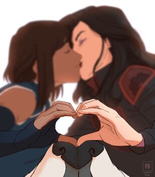 2girls asami_sato avatar_legends bear brown_hair closed_eyes dark-skinned_female dark_skin dog heart heart_hands heart_hands_duo highres kiss korra multiple_girls naga_(avatar) persnickety polar_bear polar_bear_dog the_legend_of_korra yuri