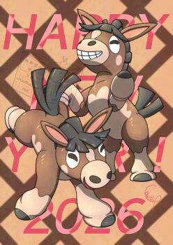 Rule 34 | 2026, 330ndk, animal focus, brown background, chinese zodiac, commentary request, gen 7 pokemon, grin, happy new year, highres, mudbray, new year, nintendo, no humans, nostrils, pokemon, pokemon (creature), pokemon focus, smile, teeth, watermark, year of the horse