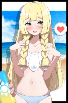 Rule 34 | 1boy, 1girl, 1other, absurdres, bare shoulders, beach, bikini, blonde hair, blue sky, blunt bangs, blush, braid, breasts, can, cloud, collarbone, drink can, green eyes, heart, highres, holding, holding can, holding sunscreen, lillie (pokemon), long hair, looking at viewer, lotion, navel, nintendo, ocean, open mouth, outdoors, pokemon, pokemon (anime), pokemon sm (anime), sand, shabana may, sky, smile, solo focus, speech bubble, stomach, sunscreen, sweat, swimsuit, twin braids, water, white bikini