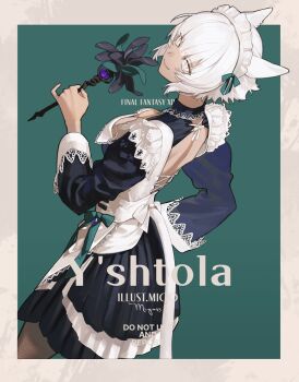 1girl adapted_costume alternate_costume animal_ears apron black_dress border breasts cat_ears cat_girl cat_tail character_name cleavage copyright_name cowboy_shot dress duster enmaided feather_duster final_fantasy final_fantasy_xiv highres holding holding_duster lace-trimmed_sleeves lace_trim looking_at_viewer maid migo45 miqo&#039;te outside_border short_hair slit_pupils smile solo standing tail watermark white_apron white_border white_eyes white_hair y&#039;shtola_rhul