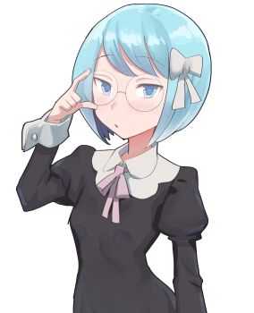 1girl absurdres adjusting_eyewear back borrowed_character bow breasts commentary_request glasses hair_bow highres juliet_sleeves koma_neko long_sleeves original puffy_sleeves round_eyewear short_hair small_breasts solo upper_body white_bow