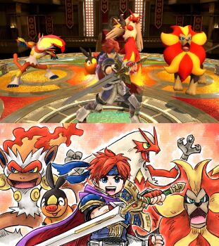 :p ^_^ aqua_eyes blaziken blue_eyes blue_headband cape claws closed_eyes colored_sclera fiery_hair fingerless_gloves fire fire_emblem fire_emblem:_the_binding_blade game_screenshot_inset gen_3_pokemon gen_4_pokemon gen_5_pokemon gen_6_pokemon gloves headband holding holding_sword holding_weapon infernape kicdon lion looking_at_viewer monkey nintendo open_mouth pokemon pokemon_(creature) purple_cape pyroar red_cape red_gloves red_hair roy_(fire_emblem) short_hair smile standing super_smash_bros. sword teeth tepig tongue tongue_out trait_connection two-sided_cape two-sided_fabric two-tone_cape upper_teeth_only weapon yellow_sclera