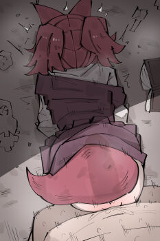 1boy 1girl age_difference animal_ears arknights bent_over book clothed_female_nude_male clothed_sex clothes_lift doggystyle dress dress_lift fox_ears fox_girl fox_tail from_above from_behind hetero highres loli long_sleeves matutake_(matutake_yk0) medium_hair motion_lines nude on_bed open_book penis_shadow pink_hair pov purple_dress rape sex sex_from_behind shamare_(arknights) shirt sweat tail top-down_bottom-up torn_clothes torn_sleeves twintails vaginal white_shirt x-ray