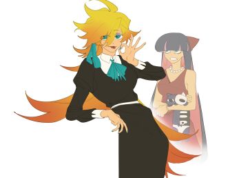 2girls black_dress blonde_hair blue_eyes cosplay dress guru.zong highres honekoneko_(psg) long_hair looking_at_another multiple_girls panty_&amp;_stocking_with_garterbelt panty_(psg) panty_(psg)_(cosplay) purple_hair red_dress stocking_(psg) stocking_(psg)_(cosplay)