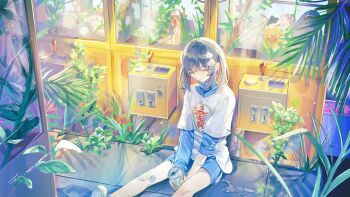 1girl absurdres bandaid bandaid_on_arm bandaid_on_face bandaid_on_knee bandaid_on_leg black_hair blue_jacket blue_shorts brown_eyes can commentary_request crane_game drink_can hair_ornament half-closed_eye highres jacket loose_clothes loose_shirt medium_hair one_eye_closed original overgrown ruoruomi shirt shorts signature sitting soda_can solo track_jacket twintails white_shirt