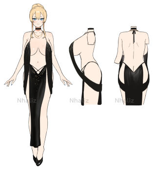1girl artist_name ass back backboob backless_dress backless_outfit bare_arms bare_back bare_shoulders black_choker black_dress blonde_hair blue_eyes blue_nails breasts butt_crack choker claire_lamund_(nhaliz) cleavage closed_mouth cropped_arms cropped_legs dress full_body hair_bun highres jewelry large_breasts long_hair looking_at_viewer multiple_views nail_polish navel necklace nhaliz original reference_sheet revealing_clothes sideboob sidelocks single_hair_bun sleeveless sleeveless_dress smile standing