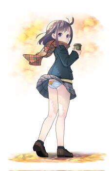 1girl ahoge blue_eyes from_behind full_body highres loafers long_sleeves looking_back original panties pantyshot plaid_clothes plaid_scarf plaid_skirt pop_(electromagneticwave) scarf school_uniform shoes skirt solo standing striped_clothes striped_panties underwear