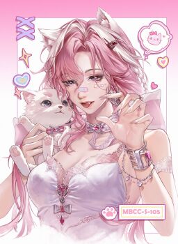 1girl animal animal_ears breasts cat cat_ears cat_girl claw_pose cleavage commentary_request dnaxying1 highres holding holding_animal holding_cat jasmine_(path_to_nowhere) path_to_nowhere pink_hair upper_body