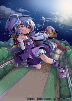 1girl cloud copyright_notice dress fang kei_s01 looking_at_viewer medium_hair night night_sky official_art one_side_up outdoors pink_shoes purple_dress purple_hair purple_socks red_eyes shirt shiyuragi_(wixoss) shoes shorts sky smile socks solo white_shirt white_shorts wixoss