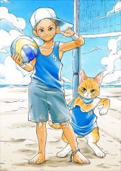 Rule 34 | 1boy, ball, barefoot, beach volleyball, blue white 577, child, day, full body, highres, holding, holding ball, male focus, male swimwear, original, outdoors, shorts, sportswear, volleyball, volleyball (object), volleyball net, volleyball uniform