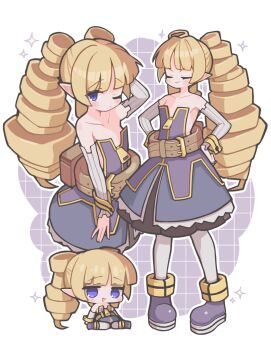 1girl archer_(disgaea) blonde_hair blue_eyes chibi disgaea dress drill_hair flat_chest highres long_hair looking_at_viewer multiple_views one_eye_closed pointy_ears smile smug sparkle suaman twin_drills