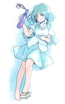 1girl aqua_hair blue_eyes blue_shirt blue_skirt blue_vest blush charm_(object) commentary_request folding_umbrella geta heterochromia holding holding_umbrella knees one-hour_drawing_challenge open_clothes open_vest parted_lips pink_eyes purple_umbrella rangycrow shirt shoes short_sleeves sideways_glance single_shoe skirt solo tatara_kogasa touhou umbrella vest white_background