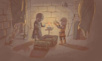 2019 2boys axe bat_(animal) blue_cape blue_eyes boots brick_wall brown_boots brown_gloves brown_tunic bug candle cape commentary creighton_of_mirrah crown dark_souls_(series) dark_souls_ii full_body gloves helmet highres indoors lynol mask masked mild_mannered_pate mouse_(animal) multiple_boys polearm spear spider standing treasure_chest tunic weapon