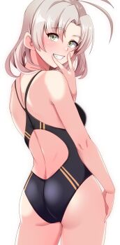 1girl antenna_hair ass black_one-piece_swimsuit breasts competition_swimsuit cowboy_shot green_eyes grey_hair highres kantai_collection kinugasa_(kancolle) kinugasa_kai_ni_(kancolle) long_hair looking_at_viewer looking_back medium_breasts one-piece_swimsuit simple_background smile solo swimsuit tirasi_(so) white_background
