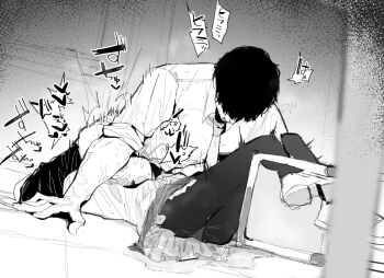 1boy 1girl blue_archive fellatio ga-chan_(kokonattusoul) greyscale hetero hifumi_(blue_archive) irrumatio lying miniskirt monochrome on_back oral pantyhose pee peeing peeing_self sensei_(blue_archive) shoes skirt sound_effects
