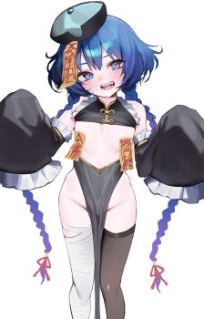 1girl absurdres bandaged_leg bandages bare_shoulders blue_hair blush braid breasts chinese_clothes coin_hair_ornament detached_sleeves hair_ornament hat hat_ornament highres jiangshi jiangshi_costume loli long_hair looking_at_viewer no_panties ofuda ofuda_on_head ofuda_on_nipples open_mouth original pasties purple_hat qingdai_guanmao raigyo_(mk48torpedo) simple_background single_thighhigh sleeves_past_wrists small_breasts smile solo thighhighs twin_braids very_long_hair white_background
