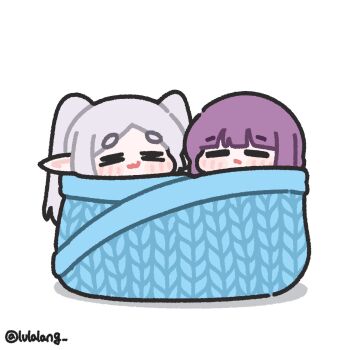 2girls :3 chibi chibi_only closed_eyes closed_mouth elf facing_viewer fern_(sousou_no_frieren) frieren grey_hair highres inside_object long_hair lulalang multiple_girls parted_bangs pointy_ears purple_hair resting simple_background sousou_no_frieren twintails twitter_username white_background