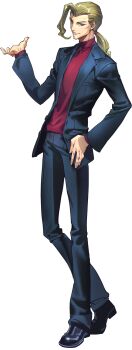 1boy black_jacket blonde_hair blue_eyes buttons closed_mouth code_geass code_geass:_genesic_re;code cropped_torso diethard_ried forehead hand_on_own_chin happy highres jacket long_sleeves male_focus medium_hair official_art open_clothes open_jacket red_shirt shirt simple_background smile solo standing stroking_own_chin transparent_background turtleneck turtleneck_shirt upper_body v-shaped_eyebrows