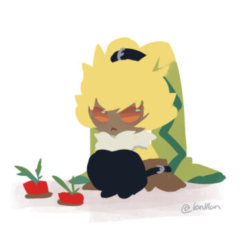 1boy body_fur brown_gloves carrot chibi commentary digimon digimon_(creature) floppy_ears full_body furry furry_male gloves knees_up lanlllan male_focus neck_fur no_humans no_lineart orange_eyes rabbit_boy simple_background sitting solo symbareangoramon symbol-only_commentary tied_ears white_background yellow_fur