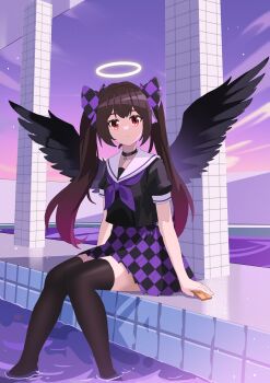 1girl absurdres alternate_costume bird_wings black_choker black_shirt black_skirt black_wings bow brown_hair brown_thighhighs checkered_clothes checkered_skirt chinese_commentary choker closed_mouth commentary_request hair_bow halo highres himekaidou_hatate holding holding_phone long_hair looking_at_viewer neckerchief phone puffy_short_sleeves puffy_sleeves purple_bow purple_neckerchief purple_skirt red_eyes sailor_collar school_uniform sdftehn shirt short_sleeves sitting skirt soaking_feet thighhighs touhou twintails two-tone_skirt white_sailor_collar wings