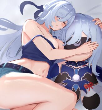 Rule 34 | 1girl, absurdres, alternate costume, blue shorts, blue tank top, breasts, character doll, closed eyes, commentary, commission, doll, english commentary, highres, honkai: star rail, honkai (series), jingliu (honkai: star rail), large breasts, long hair, lying, midriff, navel, on side, parted lips, short shorts, shorts, sleeping, solo, stuffed toy, taiko bo, tank top, white hair