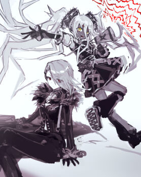 Rule 34 | 2girls, absurdres, apron, black skin, character request, colored skin, commentary request, dress, hair ornament, highres, holding, holding megaphone, j-core, japanese stream hardcore, joe faiko, long hair, looking at viewer, maid, megaphone, monochrome, multiple girls, open mouth, short hair, simple background, sitting, twintails, very long hair, white background, wusem0108, x hair ornament, yellow eyes