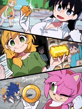 3boys 4girls ;) absurdres alex_(minecraft) amy_rose arato_nagi artist_name black_hair blonde_hair blue_eyes bongftah breasts cleavage closed_mouth collared_shirt furry furry_female furry_male gloves gold green_eyes green_shirt highres large_breasts long_hair looking_at_viewer minecraft multiple_boys multiple_girls one_eye_closed pink_hair ring_(sonic) ruri_no_houseki shirt smile sonic_(series) sonic_the_hedgehog steve_(minecraft) tanigawa_ruri white_gloves white_shirt