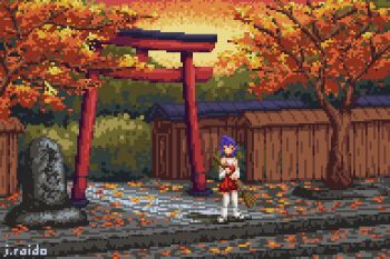 1girl animated animated_gif artist_name autumn autumn_leaves blue_hair j.raido japanese_clothes leaf outdoors pixel_art red_eyes red_skirt scenery short_hair shrine skirt solo standing torii tree wide_shot