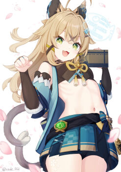 1girl ahoge animal_ears artist_name breasts cat_ears cat_tail commentary_request genshin_impact green_eyes highres kirara_(genshin_impact) long_hair looking_at_viewer medium_breasts multiple_tails navel open_mouth paw_pose rade_(rade_552) signature smile solo stomach tail watermark