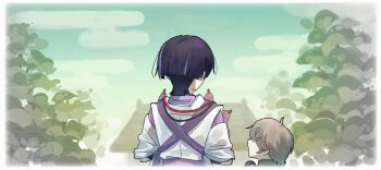 Rule 34 | 2boys, ahoge, black hair, blunt ends, border, brown hair, character doll, clothing cutout, cloud, cloudy sky, commentary, doll, egasumi, facing another, facing away, from behind, genshin impact, height difference, japanese clothes, kariginu, kimono, lavender melon (genshin impact), layered sleeves, multicolored hair, multiple boys, open mouth, outdoors, purple hair, purple kimono, purple sash, purple sleeves, sash, scaramouche's sickly friend (genshin impact), scaramouche (genshin impact), scaramouche (kabukimono) (genshin impact), shoulder cutout, sky, sleeves rolled up, streaked hair, stuffed toy, tasuki, tree, w 0reha, watercolor background, watermark, white border, white sleeves