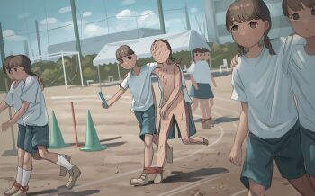 4boys 4girls arm_around_shoulder black_hair blue_shorts blue_sky braid building creepy day expressionless grey_footwear gym_uniform low_twin_braids multiple_boys multiple_girls original outdoors shirt shoes short_hair shorts sky socks tensen_(dotted_line) three-legged_race twin_braids what white_shirt white_socks