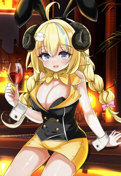 1girl absurdres ahoge alcohol alternate_costume animal_ears black_leotard black_shirt blonde_hair blue_eyes blue_hair blush breasts cleavage cup drinking_glass fake_animal_ears highres holding holding_cup hololive horns inokeiwd large_breasts leotard long_hair looking_at_viewer multicolored_hair open_mouth rabbit_ears sheep_ears sheep_girl sheep_horns shirt smile solo strapless strapless_leotard streaked_hair tsunomaki_watame virtual_youtuber white_wrist_cuffs wine wine_glass wrist_cuffs