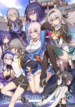 6+girls ^_^ acheron_(honkai:_star_rail) ahoge bare_shoulders black_coat black_gloves black_hair black_hairband black_swan_(honkai:_star_rail) blue_hair blue_jacket breasts bronya_rand chinese_clothes choker cleavage closed_eyes clothing_cutout coat collared_shirt cropped_jacket earrings firefly_(honkai:_star_rail) gloves green_eyes green_skirt grey_hair hair_between_eyes hair_intakes hair_ornament hair_over_one_eye hair_ribbon hairband high_heels highres honkai:_star_rail honkai_(series) jacket jewelry large_breasts long_hair long_sleeves march_7th_(honkai:_star_rail) march_7th_(preservation)_(honkai:_star_rail) medium_breasts miniskirt multicolored_eyes multiple_girls neckerchief open_clothes open_coat orange_neckerchief pink_hair purple_eyes purple_hair purple_veil ribbon ruan_mei_(honkai:_star_rail) seele_(honkai:_star_rail) shirt short_hair shoulder_cutout skirt stelle_(honkai:_star_rail) sweatdrop t@ke-g trailblazer_(honkai:_star_rail) two-tone_eyes veil white_shirt yellow_eyes