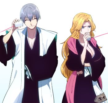 1boy 1girl bleach blue_eyes breasts cleavage closed_eyes commentary_request grey_hair haori ichimaru_gin japanese_clothes large_breasts long_hair male_focus matsumoto_rangiku nanao_itsuki orange_hair pink_scarf scarf shihakusho sleeves_past_fingers sleeves_past_wrists smile string_phone taichou_haori very_long_hair
