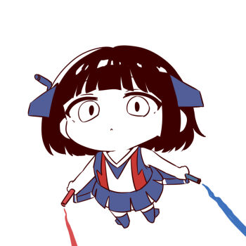 1girl :&lt; black_hair blue_skirt chengdu_j-10 colored_smoke flying full_body holding mecha_musume mechanical_wings original personification short_hair skirt smoke solo vest wings wucandan_de_gangtanke