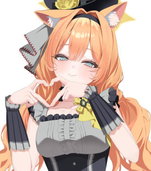 1girl animal_ear_fluff black_hairband black_headband blue_archive blush center_frills choker commentary_request dress flower fluffy_hair four-finger_heart_hands frilled_choker frills grey_dress hairband halo hat hat_flower headband heart heart_hands idol idol_clothes long_hair looking_at_viewer mari_(blue_archive) mari_(idol)_(blue_archive) mini_hat mini_top_hat official_alternate_costume orange_hair rose smile solo sweat top_hat upper_body white_background yellow_flower yellow_halo yellow_rose zuki_(user_mzpz5848)