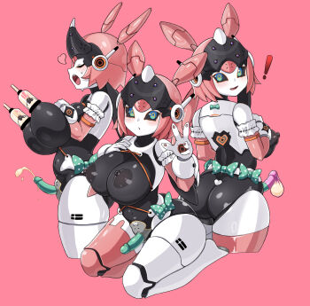 ! 1girl aria_(zenless_zone_zero) ass black_sclera blush bow breasts colored_sclera condom condom_on_penis cum dated_commentary ejaculation futanari green_bow green_eyes highres lactation large_breasts looking_at_viewer mecha_musume multiple_views nahanmin nipples open_mouth penis pink_background polka_dot polka_dot_bow robot simple_background used_condom zenless_zone_zero