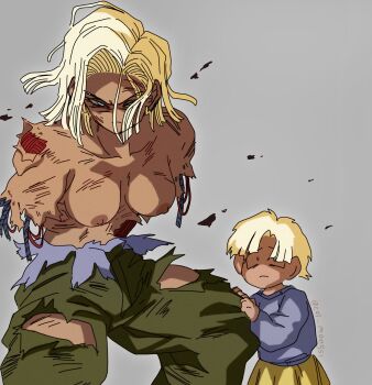 2girls absurdres alternate_skin_color amputee android android_18 angry armless_amputee blonde_hair blue_pupils breasts cal_monssi child collarbone debris dragon_ball dragonball_z earrings fighting_stance flesh floating_hair green_pants highres holding_another&#039;s_leg injury jewelry looking_at_viewer marron_(dragon_ball) mother_and_daughter multiple_girls nipples pants purple_sweater scared short_hair skirt sweater tan topless_female torn_clothes twitter_username wire yellow_skirt