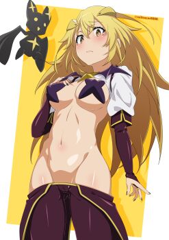 1girl absurdres black_nails blonde_hair blush breastless_clothes breasts brown_eyes cameltoe clothes_pull commentary_request cosplay covered_erect_nipples creature gluteal_fold groin hair_intakes hand_on_own_chest highres juliet_sleeves large_breasts long_hair long_sleeves looking_at_viewer looking_down lowleg lowleg_pants magia_baiser magia_baiser_(cosplay) magical_girl mahou_shoujo_ni_akogarete mascot nail_polish navel pants pasties puffy_sleeves purple_sleeves railtracer8888 revealing_clothes shokuhou_misaki solo sparkling_eyes star_(symbol) star_in_eye stomach symbol_in_eye toaru_kagaku_no_mental_out toaru_kagaku_no_railgun toaru_majutsu_no_index twitter_username venalita yellow_background