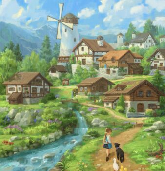 1girl baby_animal bag bird blue_bag braid braided_ponytail bridge child chimney cloud cloudy_sky commentary_request day duck duckling fence flower highres house lamb mountain nao_(marley) original outdoors path road rock scenery sheep shorts shoulder_bag sky stream tree village walking water waterfall windmill