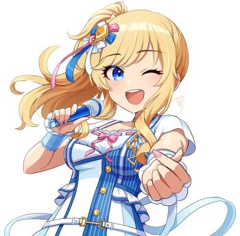 Rule 34 | 1girl, blonde hair, blue eyes, blush, breasts, dress, hair ribbon, holding, holding microphone, idol clothes, idolmaster, idolmaster cinderella girls, idolmaster cinderella girls starlight stage, long hair, looking at viewer, medium breasts, microphone, ohtsuki yui, one eye closed, open mouth, pink nails, ponytail, reaching, reaching towards viewer, ribbon, sakura ran, simple background, smile, solo, teeth, upper body, upper teeth only, wavy hair, white background, white dress