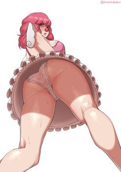 1girl ace_attorney ass blush breasts capcom clown_girl clown_nose female_focus from_behind from_below geiru_toneido highres huge_ass large_breasts looking_at_viewer madara_artworks medium_hair panties pantyshot pauldrons phoenix_wright:_ace_attorney_-_spirit_of_justice pink_hair shoulder_armor skirt solo sweat thick_thighs thighs underwear upskirt wide_hips